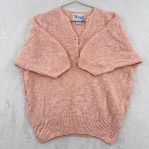 Vintage 80s 90s Deans of Scotland Sweater Peach Half Sleeve Pearl Buttons Large